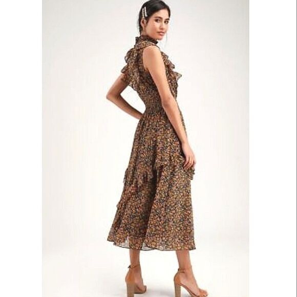 Lulu's Evelina Mustard yellow floral print mock neck midi dress size small - Picture 8 of 11